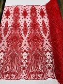 Luxury Beaded Design - Red - Sold By Yard Floral Fabric Embroidered w/ Pearls-Beads on Mesh Lace