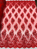 Floral Cluster Bead Fabric - Red - Embroidered Flowers with Beads on Mesh Fabric Sold By Yard