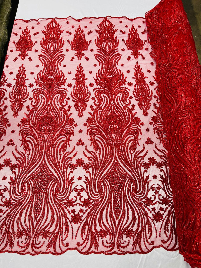 Luxury Beaded Design Red Sold By Yard Floral Fabric Embroidered w/