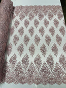 Floral Cluster Bead Fabric - Rose - Embroidered Flowers with Beads on Mesh Fabric Sold By Yard