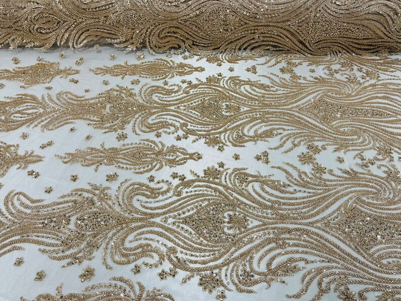 Luxury Beaded Design - Rose Gold - Sold By Yard Floral Fabric Embroidered w/ Pearls-Beads on Mesh Lace