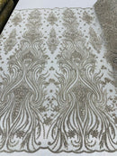 Luxury Beaded Design - Taupe - Sold By Yard Floral Fabric Embroidered w/ Pearls-Beads on Mesh Lace