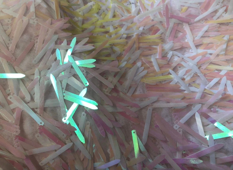 Sword Shaped Sequins - White/Pink Iridescent - Hanging Iridescent Sequins On Mesh Fabric By Yard